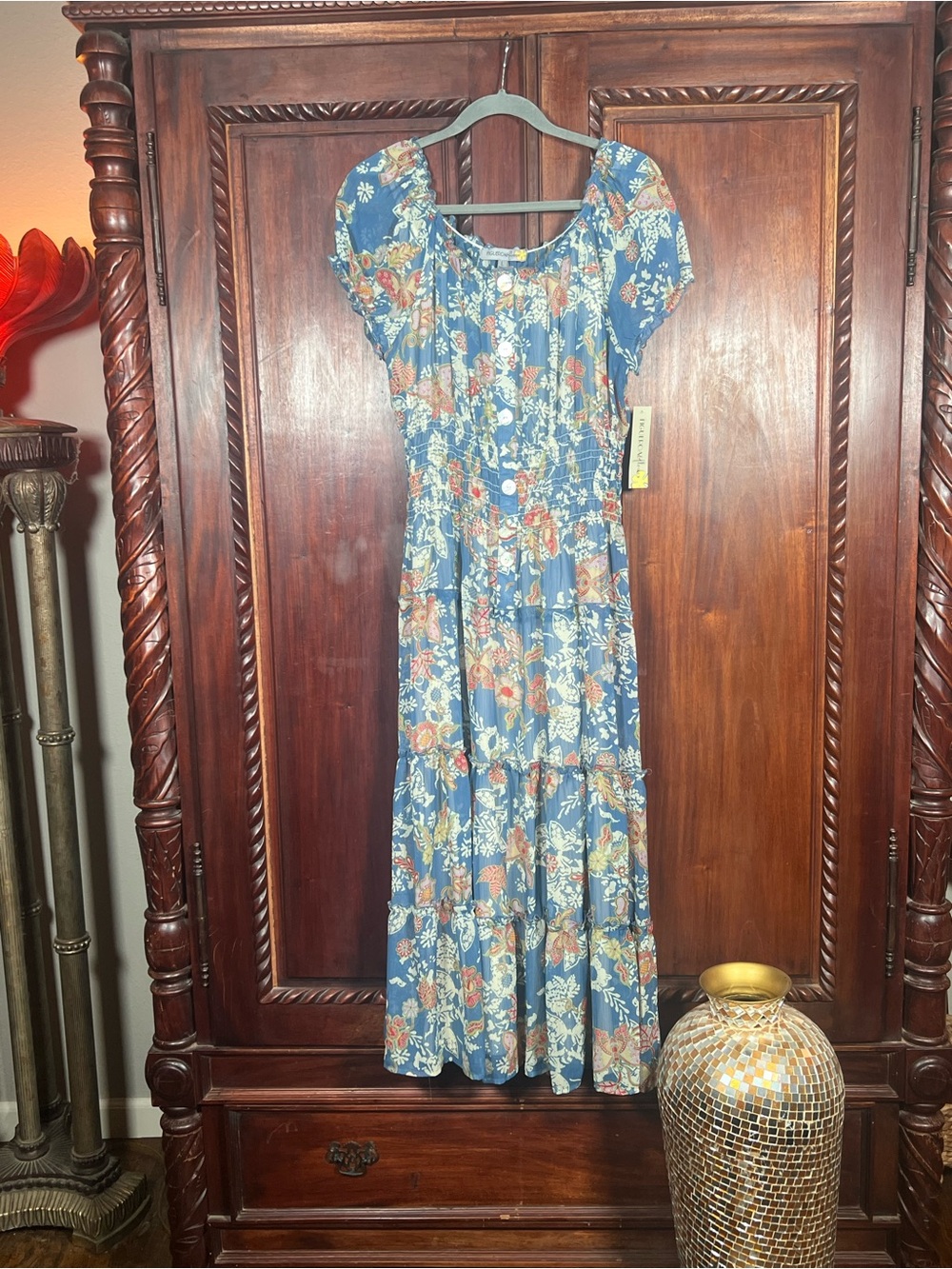 NWT Figueroa & Flower Boho Botanical Butterfly Tiered Blue Coral Ivory Green L